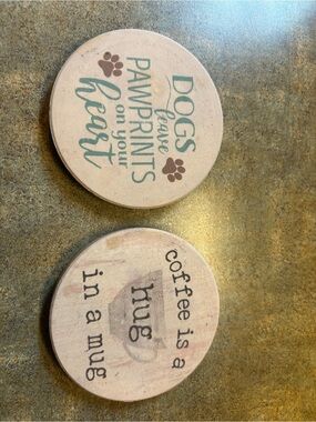 Set of 2 Round Ceramic Car Coasters with Quotes - Brown & Teal